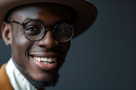 Close-up portrait of smiling african american man in hat and glassesの素材