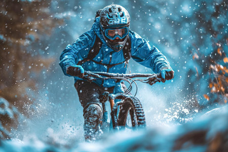 Extreme mountain bike rider riding on a snowy trail. Extreme sport concept.の素材