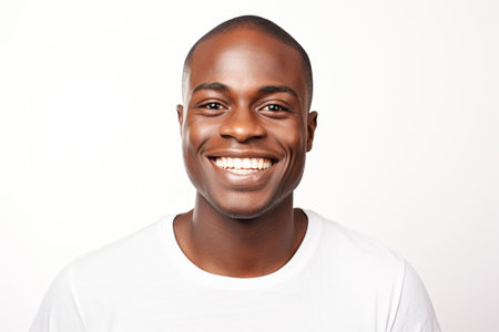 Closeup portrait of a happy young African American man smiling against white backgroundの素材