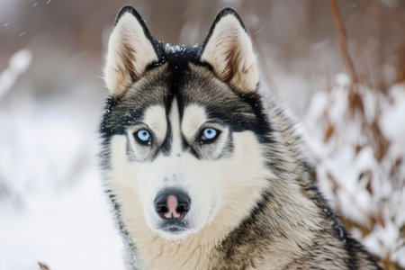 Siberian husky with blue eyes in the winter forest.の素材