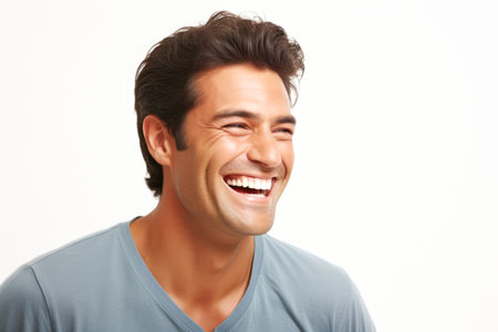 Portrait of a happy young man laughing isolated on a white backgroundの素材