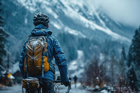 Biker with backpack and gravel bike in the mountains under snowfallの素材