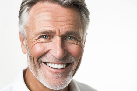 Portrait of happy senior man smiling at camera over white background.の素材