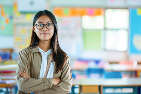Portrait of a young Asian female teacher standing with arms crossed in classroomの素材