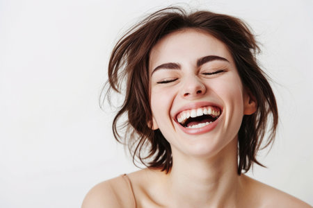 Close-up portrait of a happy young woman laughing isolated over white backgroundの素材
