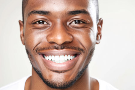 Close up portrait of a young African American man smiling against white backgroundの素材
