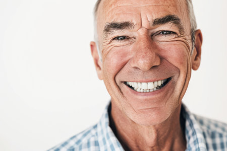 Portrait of a happy senior man smiling at the camera over white backgroundの素材