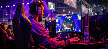 Professional gamer playing online video games on a computer during live event.の素材