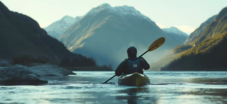 Man kayaking on the river in the mountains. 3d renderingの素材