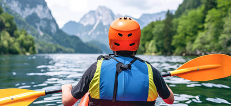 Rear view of a man in a kayak on a mountain lakeの素材