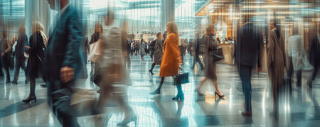 blurred image of business people walking in the lobby of a modern office buildingの素材