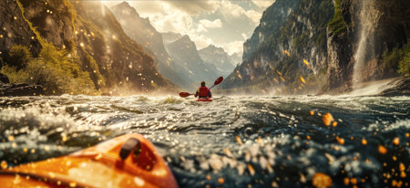 Panoramic view of kayakers paddling on the mountain riverの素材