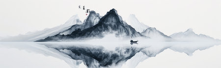 Mountain landscape with seagulls on the water surface.の素材