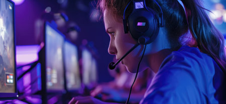 Portrait of a young female gamer playing online games on computer.の素材