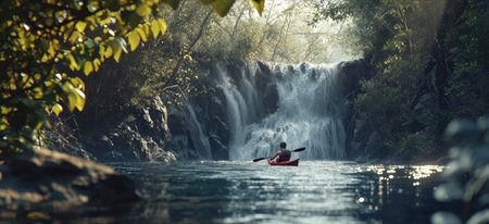 Man kayaking in the river in the forest. 3d renderingの素材