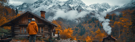 Autumn alpine landscape with wooden chalet and snow capped mountainsの素材