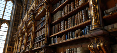 Old bookshelves in the library of the University of Cambridge, Englandの素材