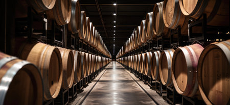Wine barrels stacked in cellar of winery, perspective view.の素材