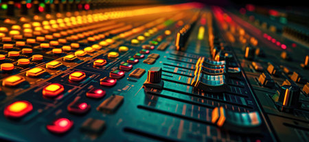Close-up of audio mixing console with sliders and faders, 3D renderingの素材