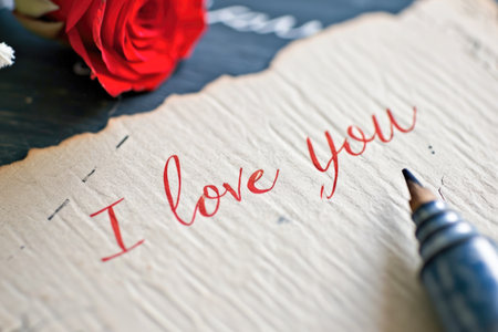 Valentine's day greeting card with word I love you and red roseの素材