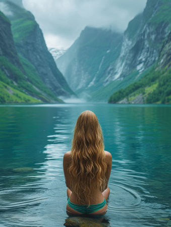 Young woman sitting on the edge of a fjord in Norwayの素材