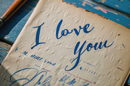I love you handwritten on old paper with pen on blue wooden backgroundの素材