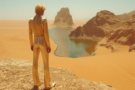 A young woman is standing in the middle of the desert and looking at the beautiful view of Wadi Rumの素材