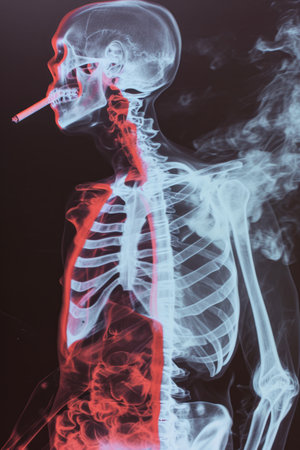 X-ray of a human skeleton with smoking pipe, isolated on black backgroundの素材