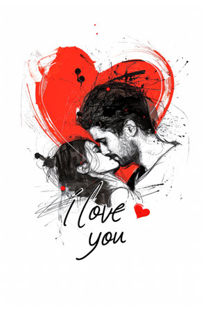 Hand drawn illustration of a man in love with red heart on white backgroundの素材