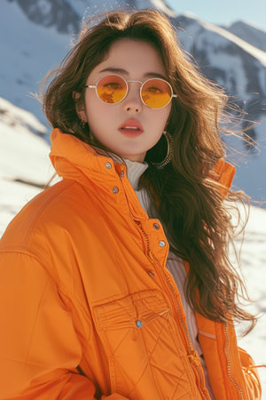 Portrait of a young beautiful girl in a bright orange jacket and sunglasses.の素材