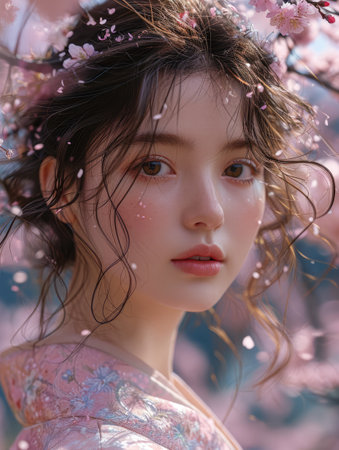 Portrait of a beautiful Asian girl with cherry blossom backgroundの素材