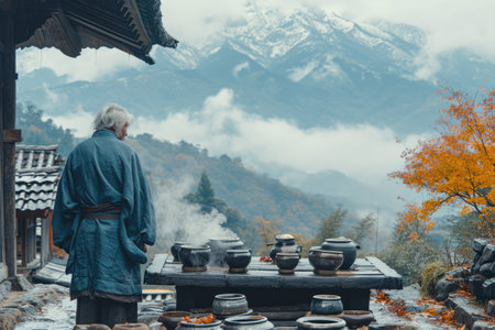 Korean old man in traditional clothes with a pot in front of a temple in autumnの素材