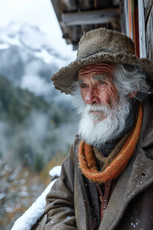 Old man with a long gray beard and mustache in a hat in the mountainsの素材