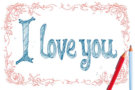 I love you written in a frame with a red pencil on a white backgroundの素材