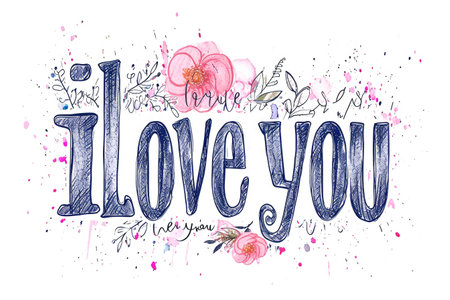 I love you hand drawn lettering with flowers. Vector illustration.の素材