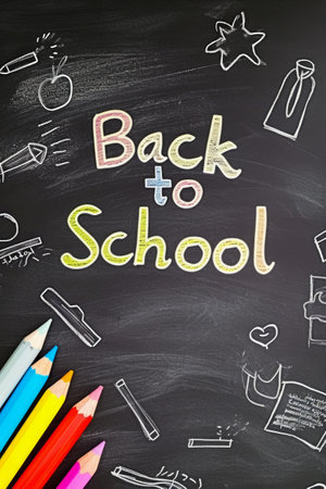 Back to school concept. School supplies on black chalkboard background.の素材