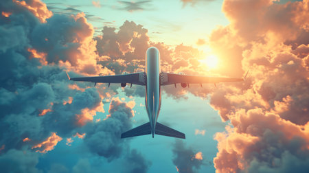 Airplane flying in the sky. 3d render illustration background.の素材