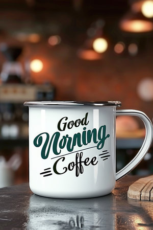 Cup of coffee on a table in a pub with a good morning.の素材