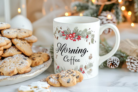 Cup of coffee with cookies and Christmas lights on the background.の素材