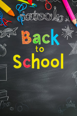 Back to school concept. Chalkboard with colorful chalk text.の素材
