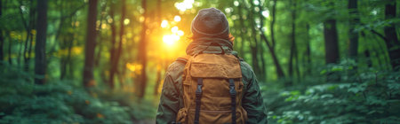 Hiker with backpack hiking in the forest. Travel and adventure conceptの素材