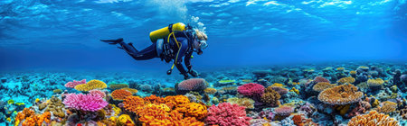 Scuba diving on a colorful tropical coral reef in the Indian Oceanの素材