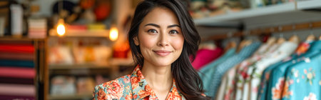 Portrait of a beautiful Asian fashion designer standing in her studioの素材