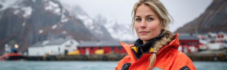 Woman in red life jacket at Lofoten islands, Norwayの素材