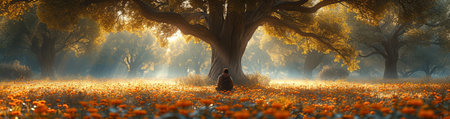Autumn in the oak grove. 3d render illustration.の素材
