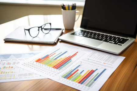 Businessman analyzing investment charts with laptop at office desk. Financial and accounting concept.の素材