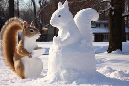 Squirrel and snowman in the park. Winter landscape with snowman.の素材
