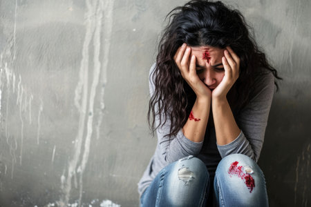 Young woman with bloody wound on her face sitting on the floor.の素材