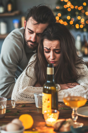 Couple in love sitting at the table with wine and Christmas tree in the backgroundの素材