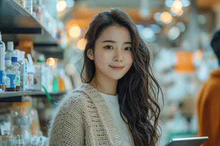 Portrait of beautiful asian woman using digital tablet in shopping mallの素材